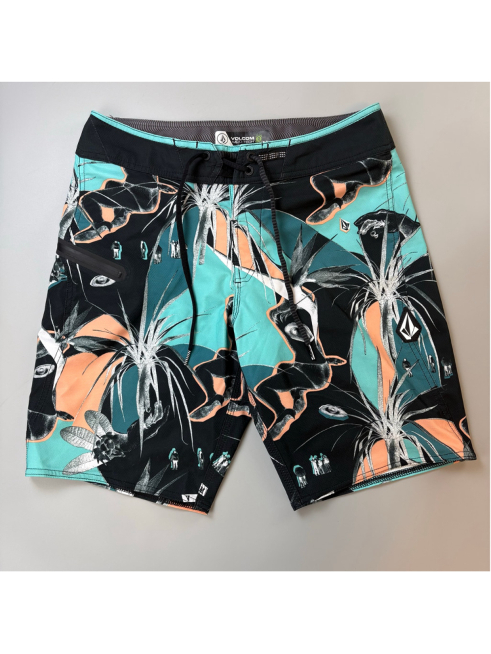 Volcom Board Shorts Mens 29 Black Teal Peach Print Mod Tech Art Deco Streetwear